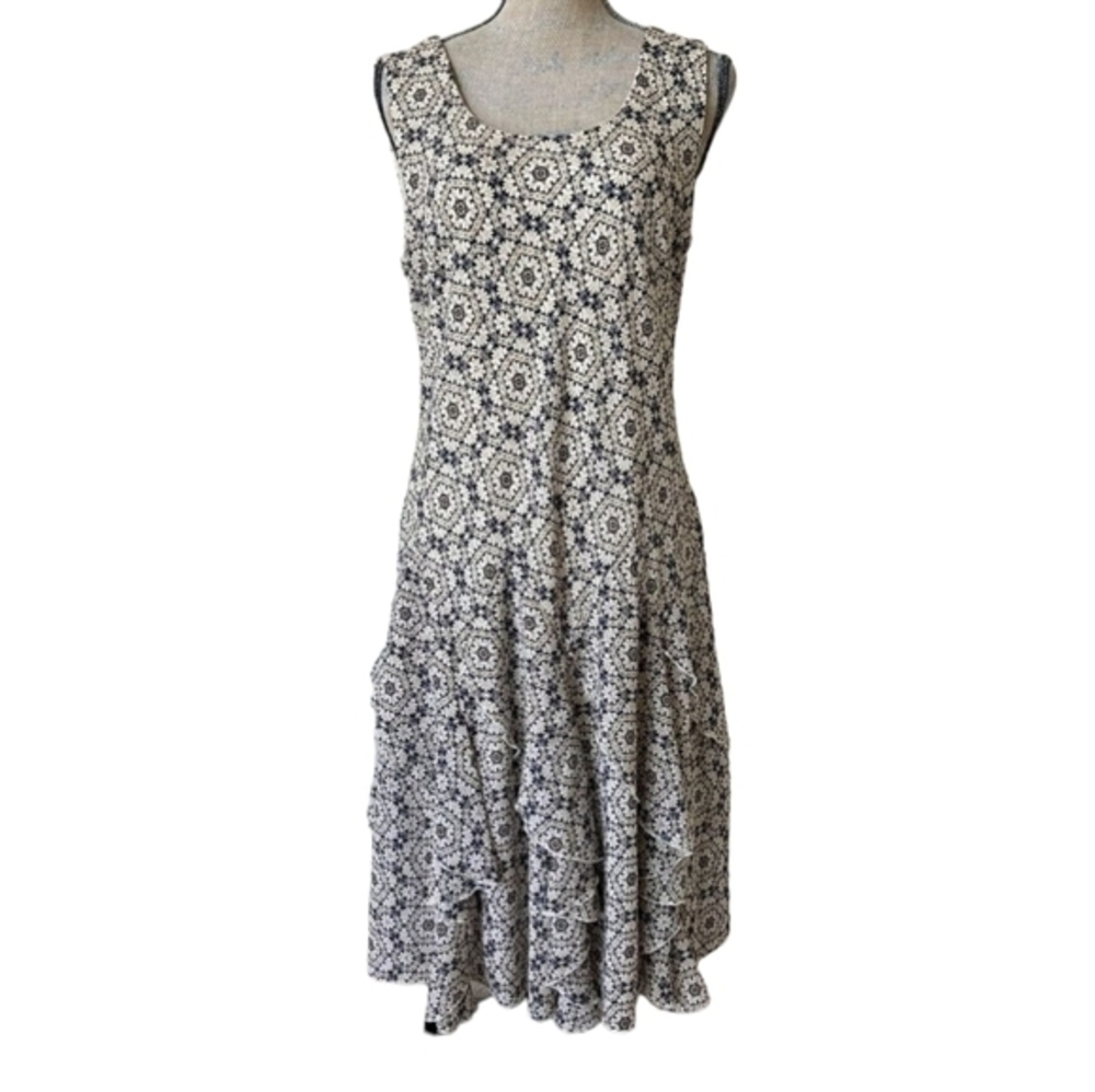 Robbie Bee Dress Yellow Sleeveless Fit Flare Floral Boho Geometric Ruffled Lined - Picture 2 of 9